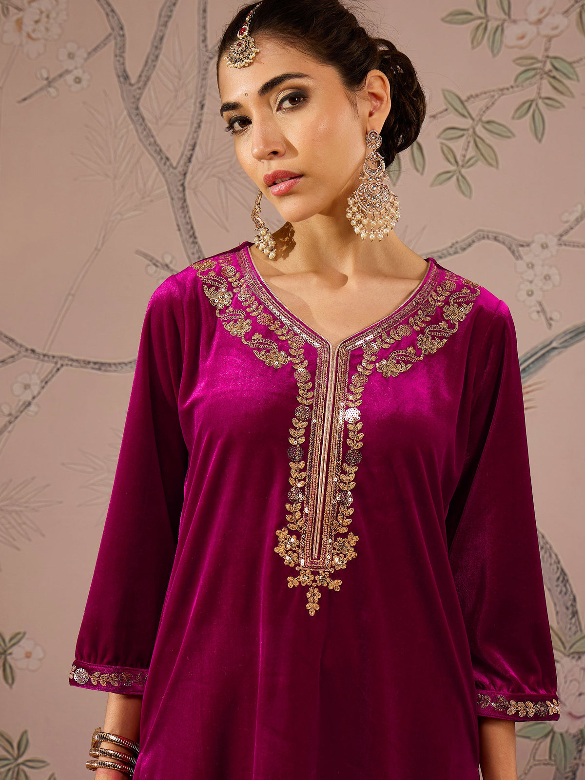 Fuchsia Velvet Front Embroidered Kurta -Shae by SASSAFRAS