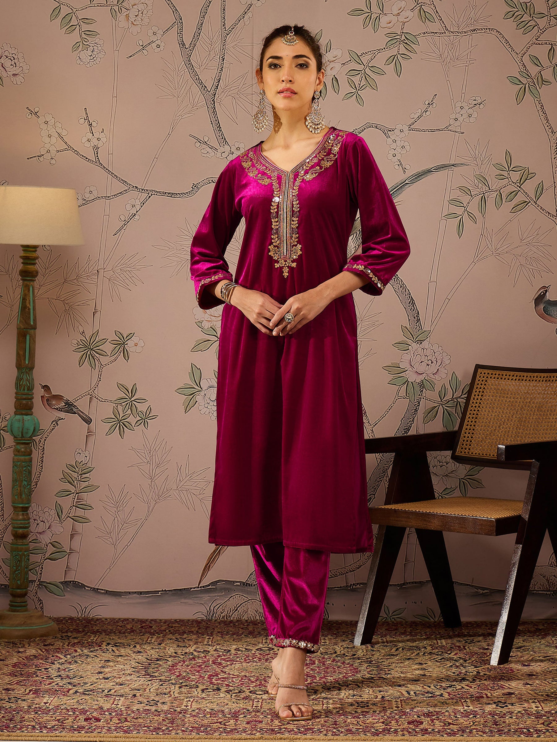 Fuchsia Velvet Front Embroidered Kurta -Shae by SASSAFRAS