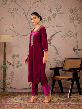 Fuchsia Velvet Front Embroidered Kurta -Shae by SASSAFRAS