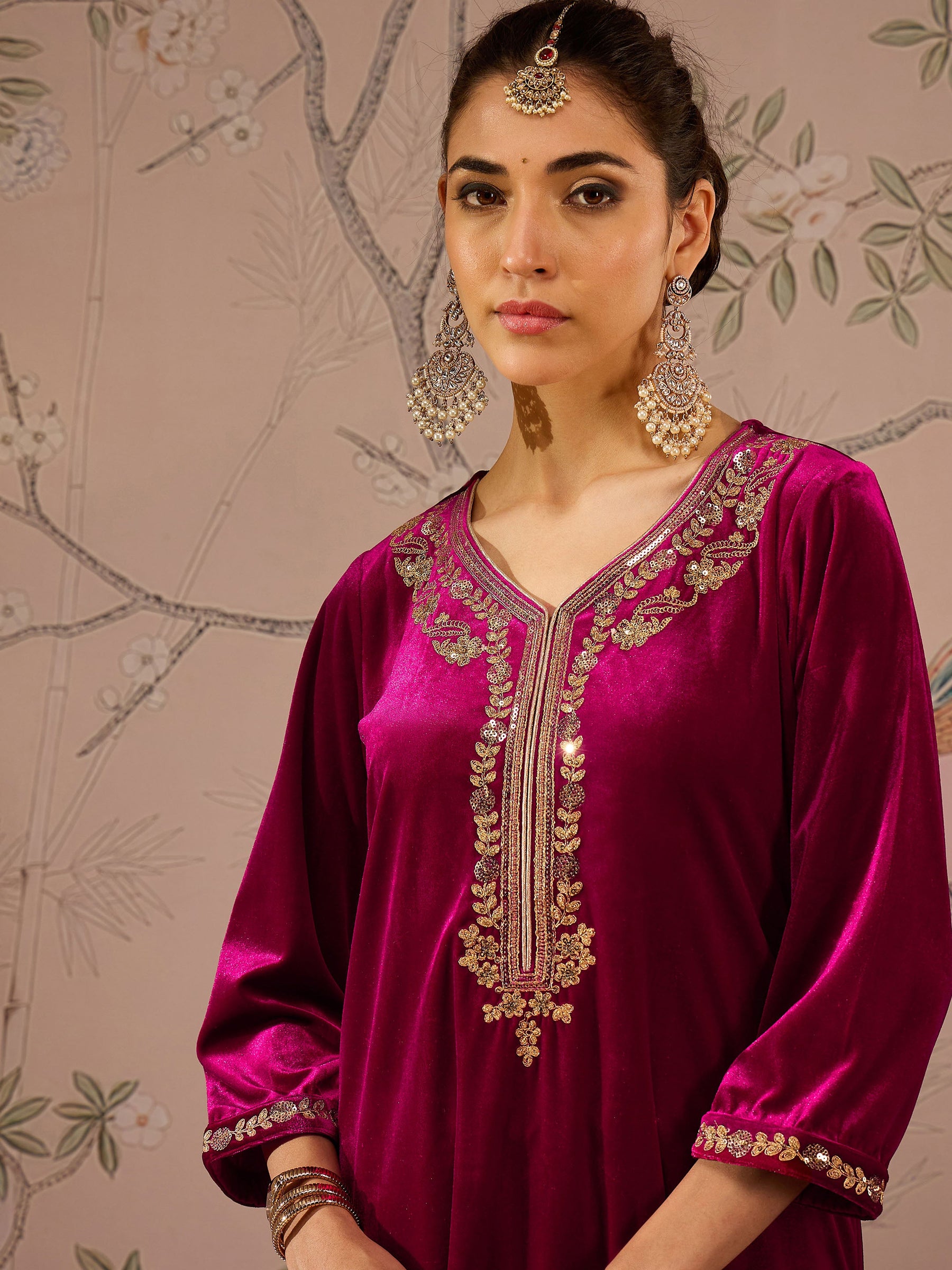 Fuchsia Velvet Front Embroidered Kurta -Shae by SASSAFRAS