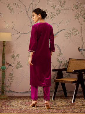 Fuchsia Velvet Front Embroidered Kurta -Shae by SASSAFRAS