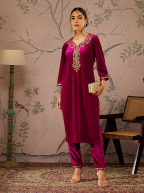 Fuchsia Velvet Embroidered Kurta With Pencil Pants -Shae by SASSAFRAS