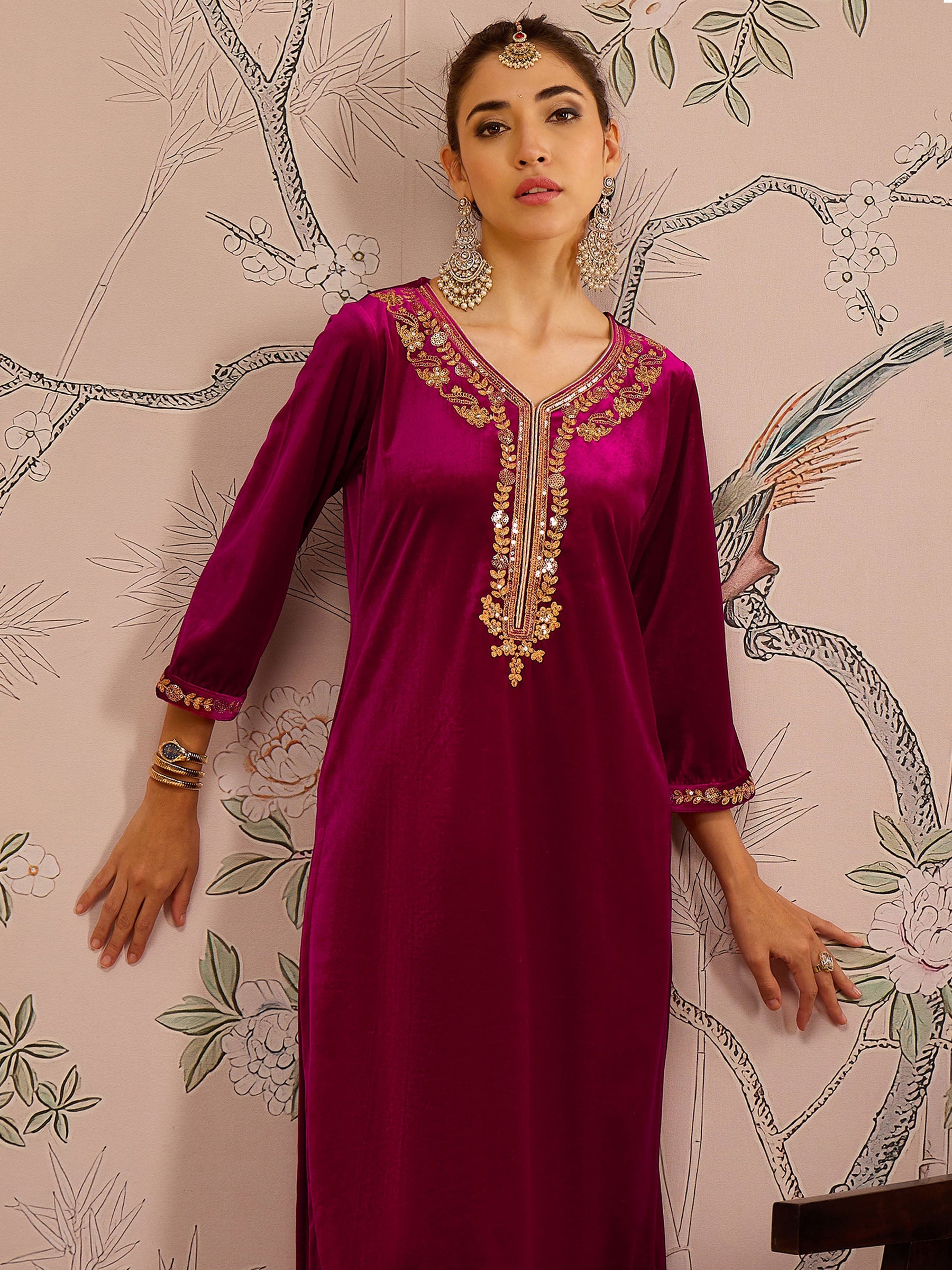 Fuchsia Velvet Embroidered Kurta With Pencil Pants -Shae by SASSAFRAS