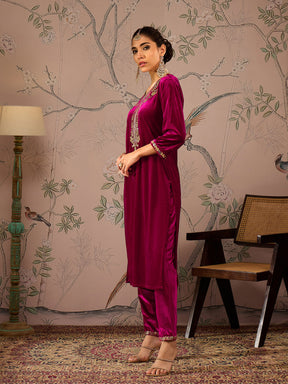 Fuchsia Velvet Embroidered Kurta With Pencil Pants -Shae by SASSAFRAS