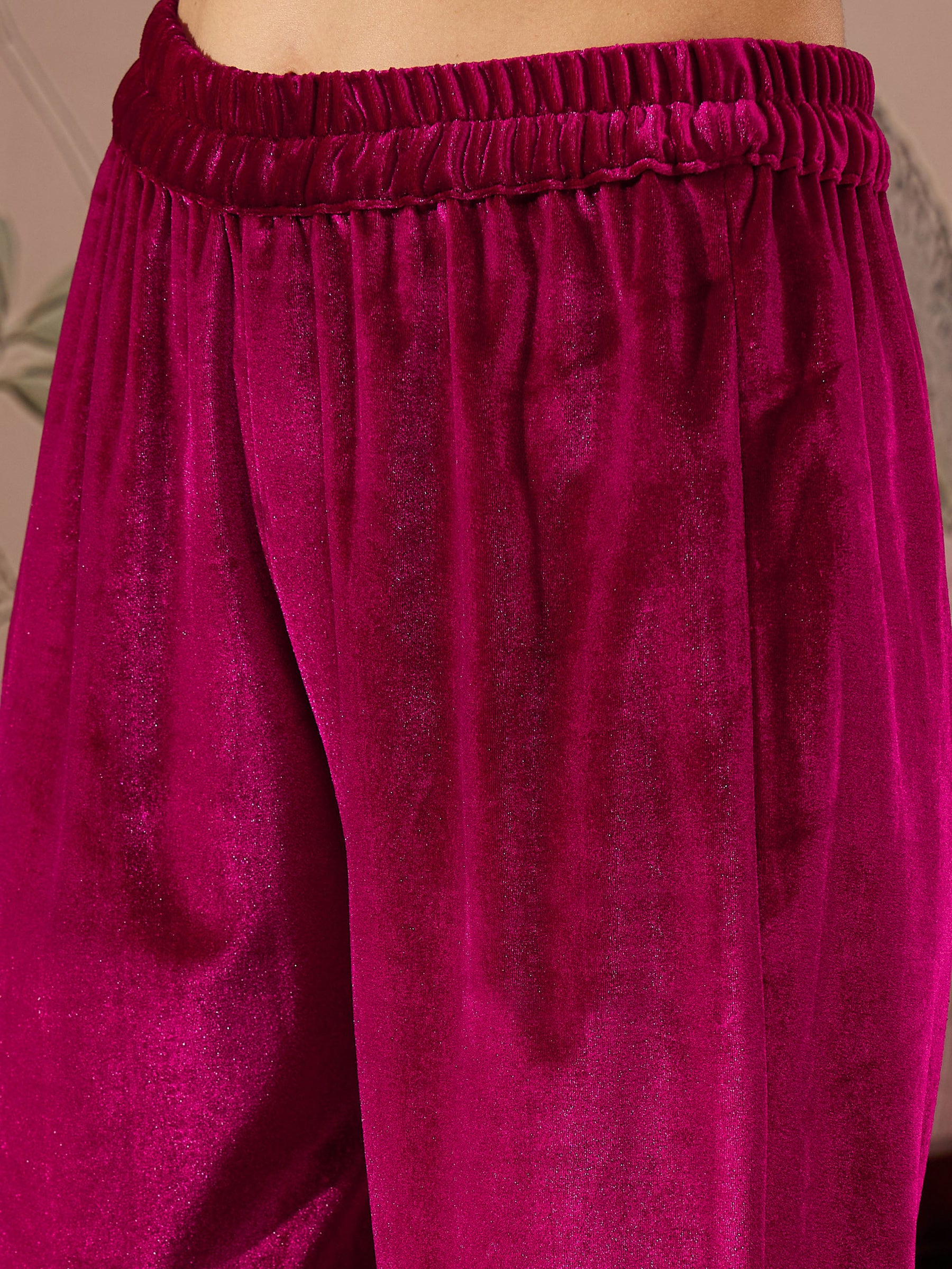 Fuchsia Velvet Embroidered Kurta With Pencil Pants -Shae by SASSAFRAS