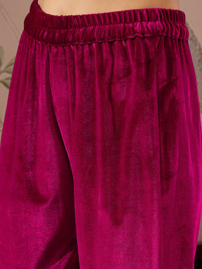 Fuchsia Velvet Embroidered Kurta With Pencil Pants -Shae by SASSAFRAS