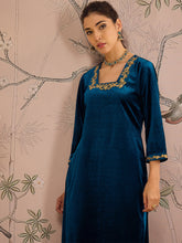 Teal Velvet Glass Neck Front Embroidered Kurta-Shae by SASSAFRAS