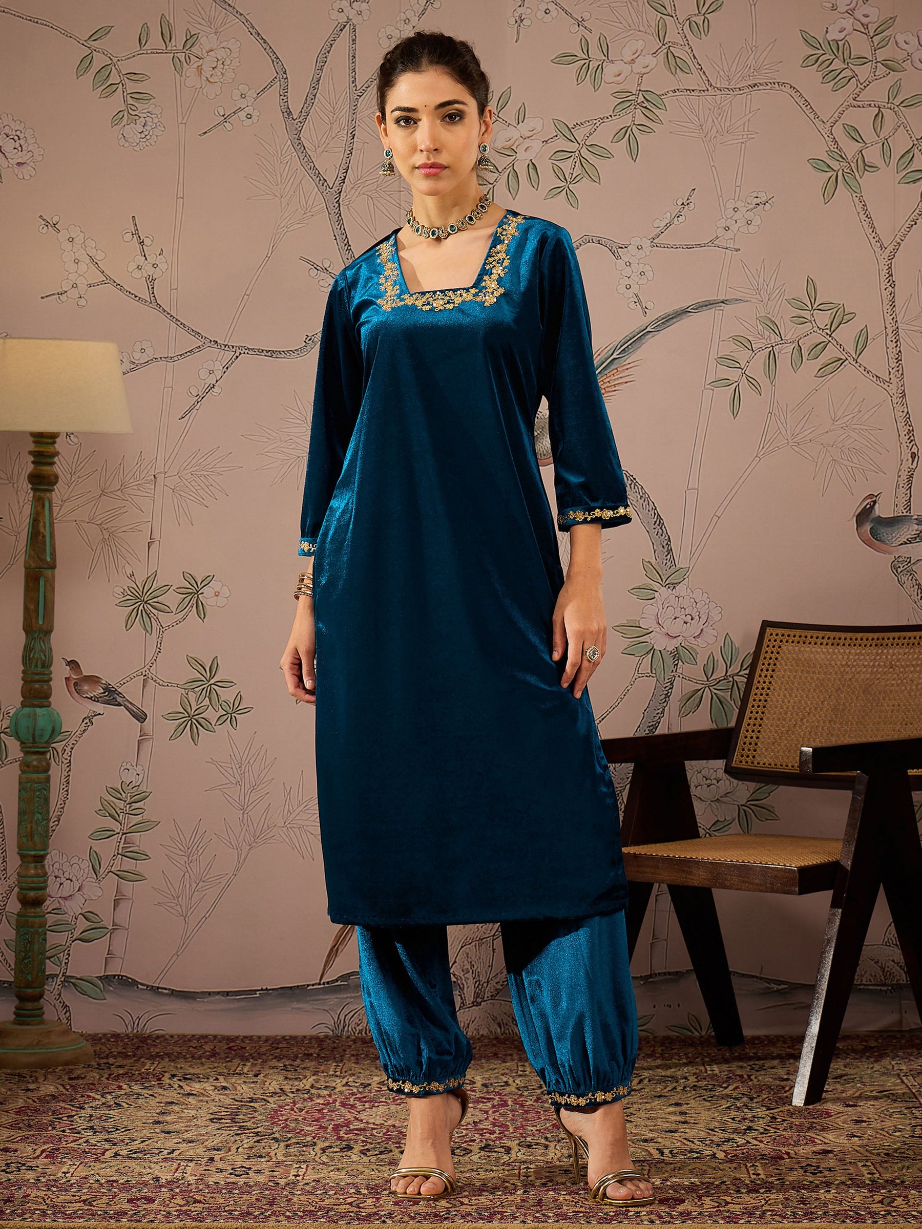 Teal Velvet Glass Neck Front Embroidered Kurta-Shae by SASSAFRAS