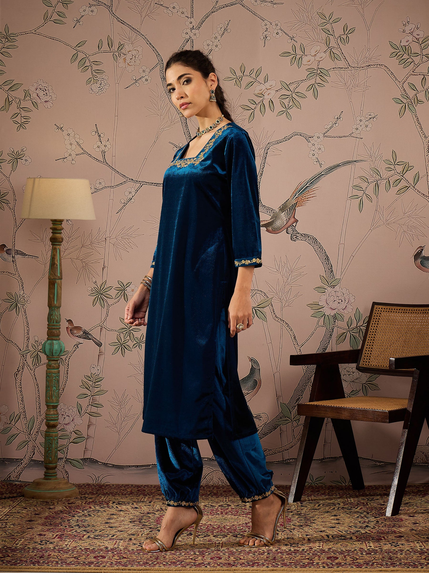 Teal Velvet Glass Neck Front Embroidered Kurta-Shae by SASSAFRAS