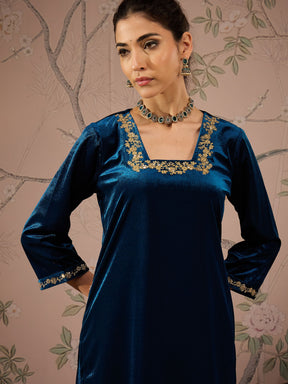 Teal Velvet Glass Neck Front Embroidered Kurta-Shae by SASSAFRAS