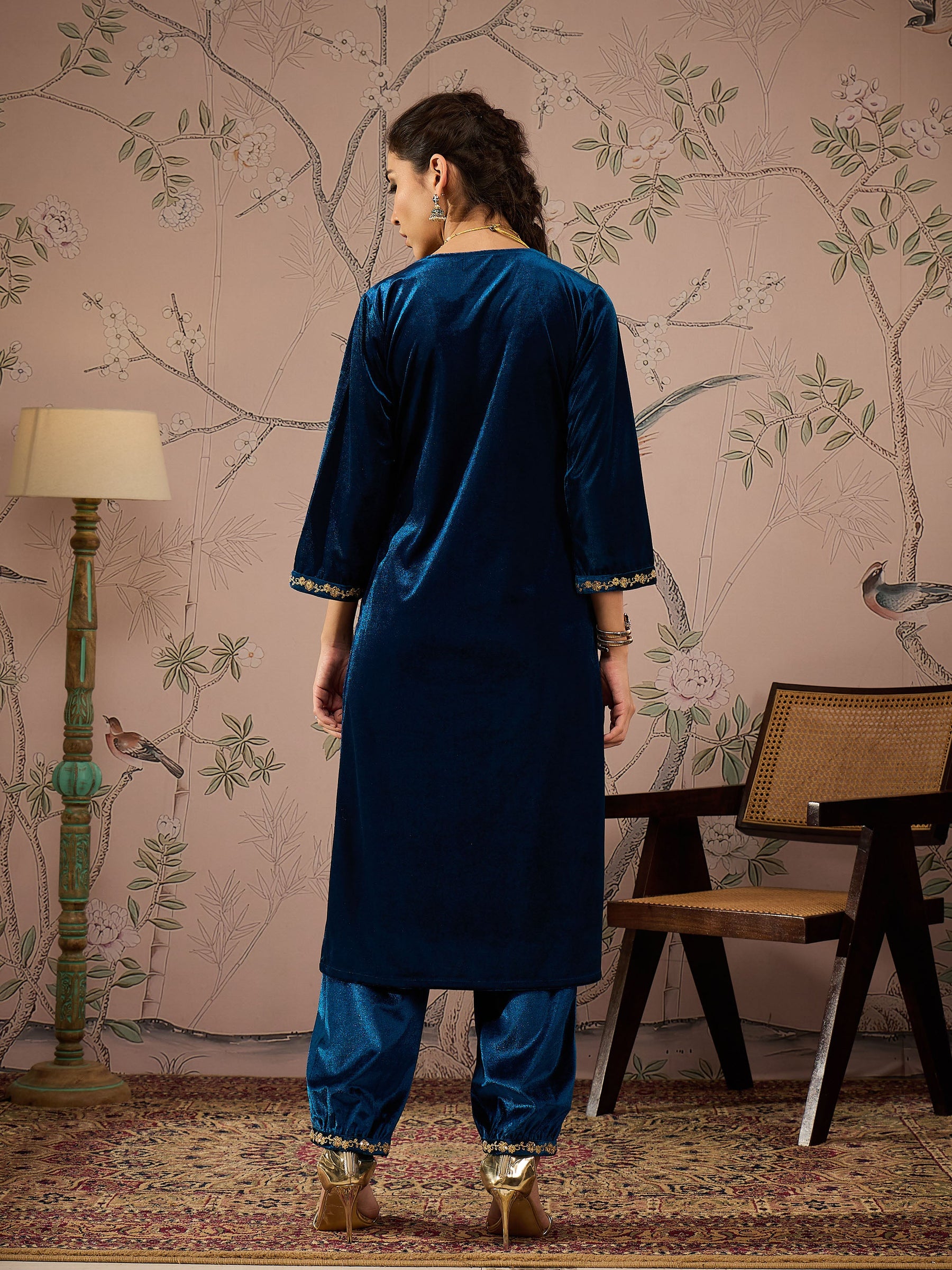 Teal Velvet Glass Neck Front Embroidered Kurta-Shae by SASSAFRAS