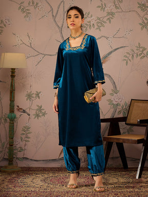 Teal Velvet Embroidered Straight Kurta With Afghani Pants-Shae by SASSAFRAS