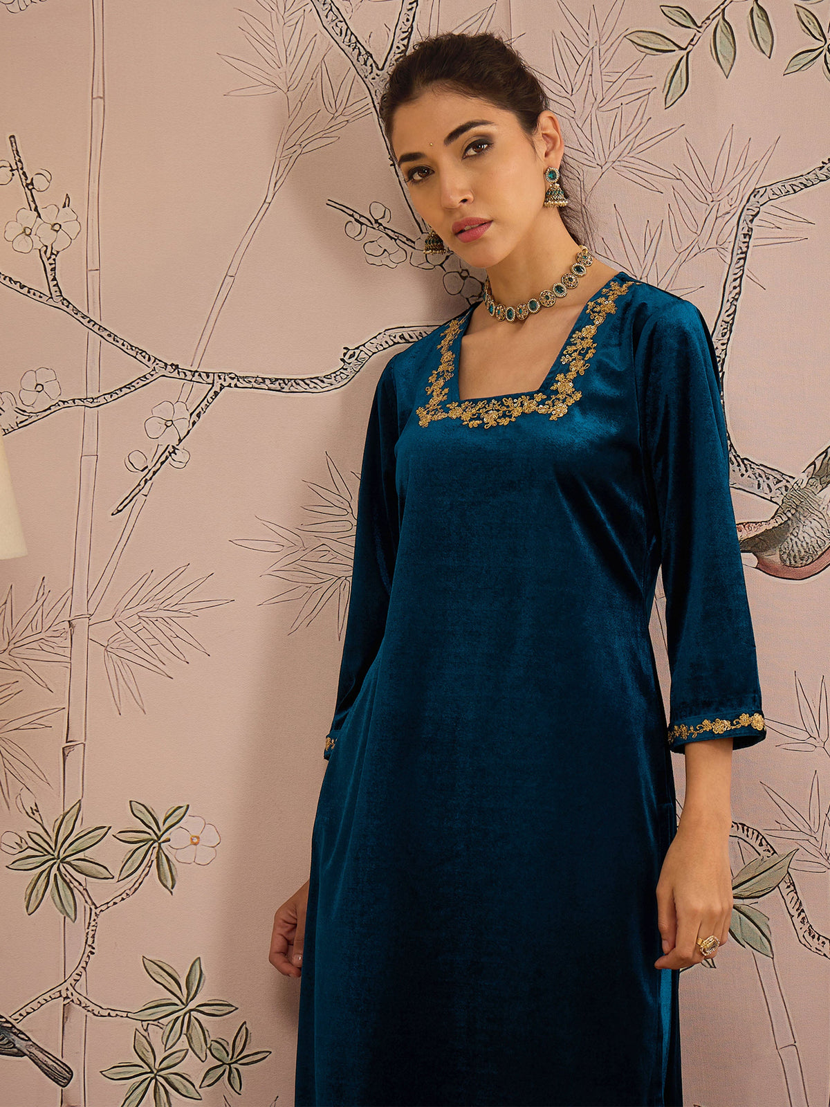 Teal Velvet Embroidered Straight Kurta With Afghani Pants-Shae by SASSAFRAS