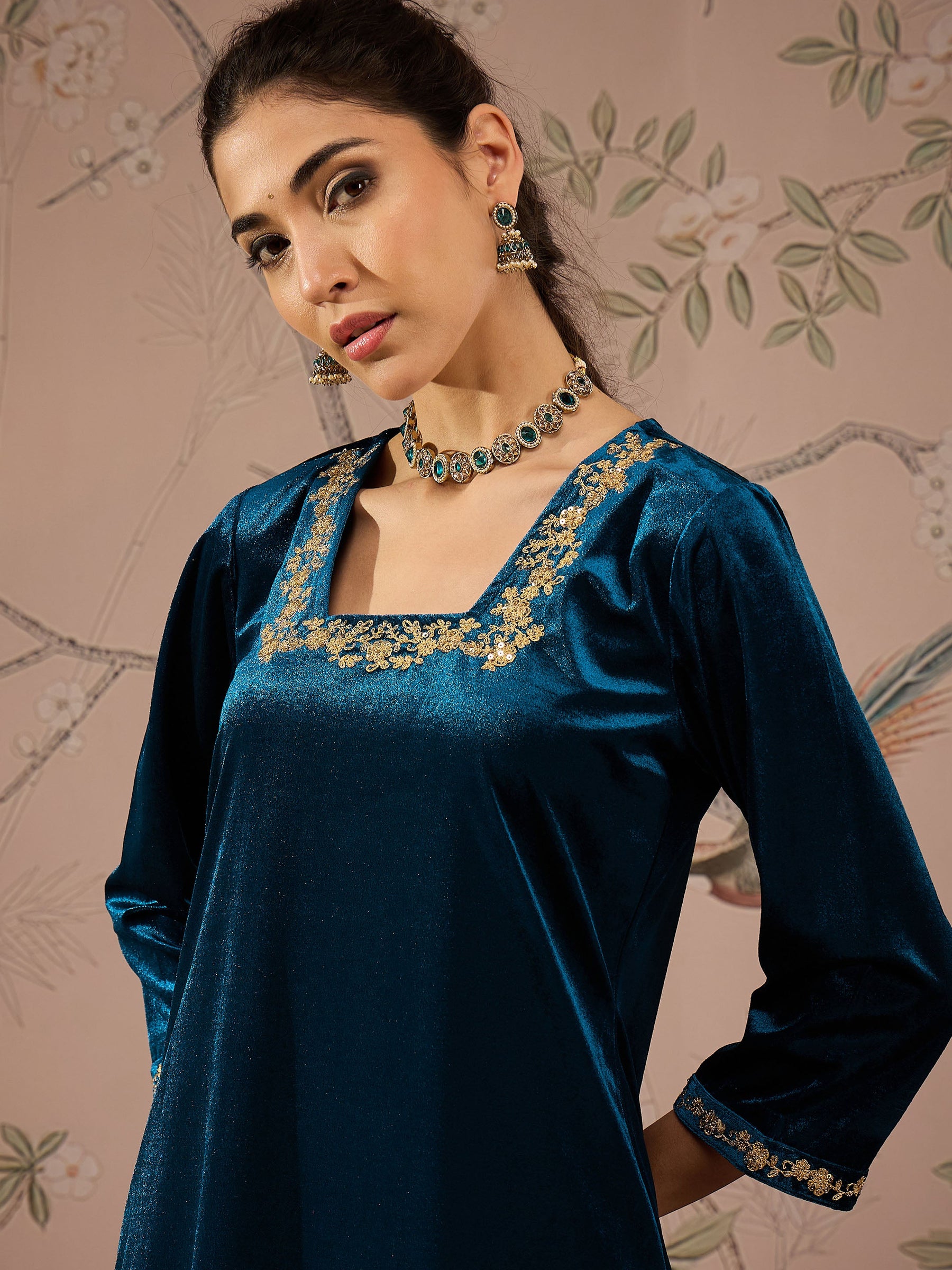 Teal Velvet Embroidered Straight Kurta With Afghani Pants-Shae by SASSAFRAS