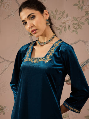 Teal Velvet Embroidered Straight Kurta With Afghani Pants-Shae by SASSAFRAS