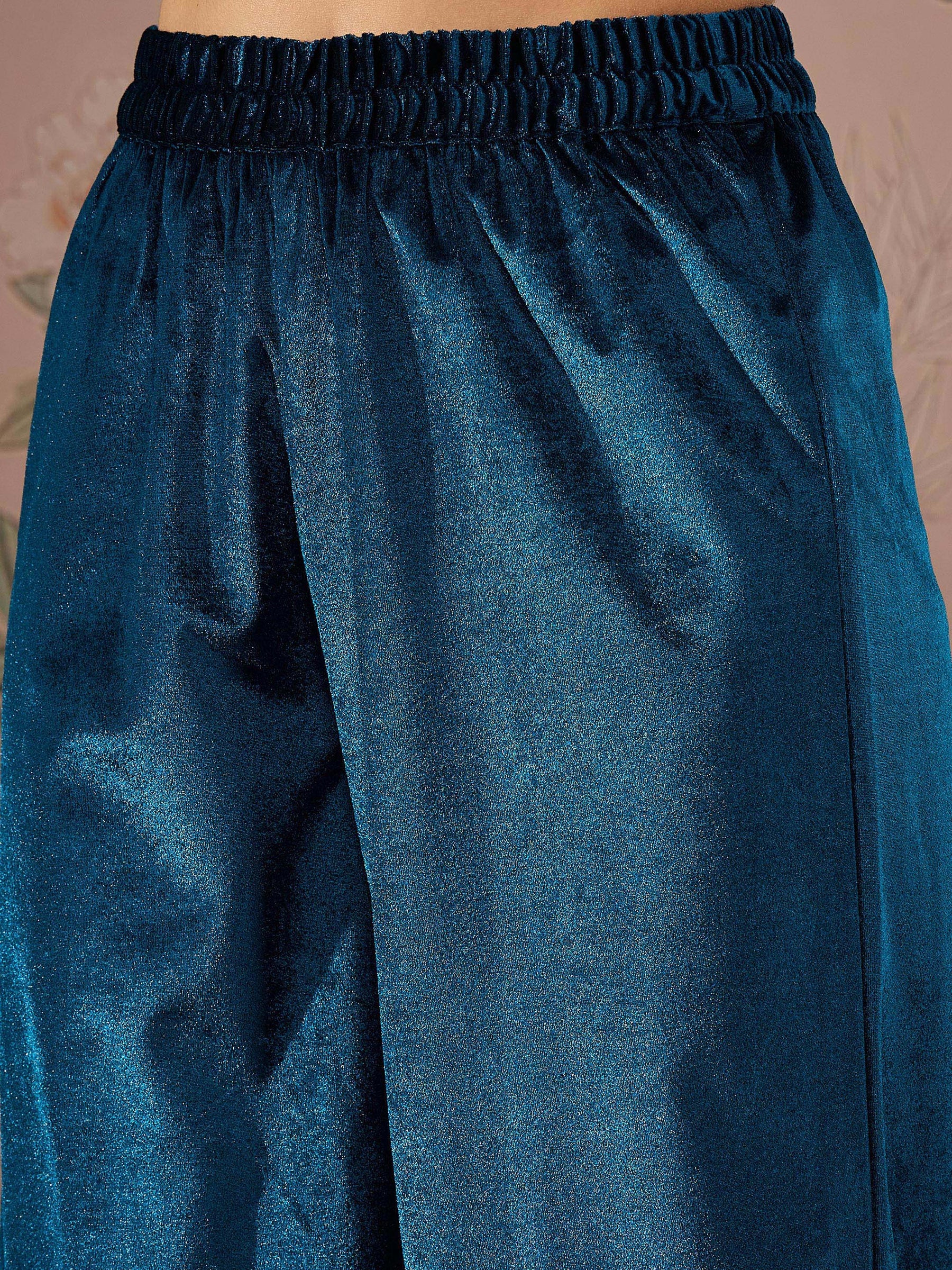 Teal Velvet Embroidered Straight Kurta With Afghani Pants-Shae by SASSAFRAS