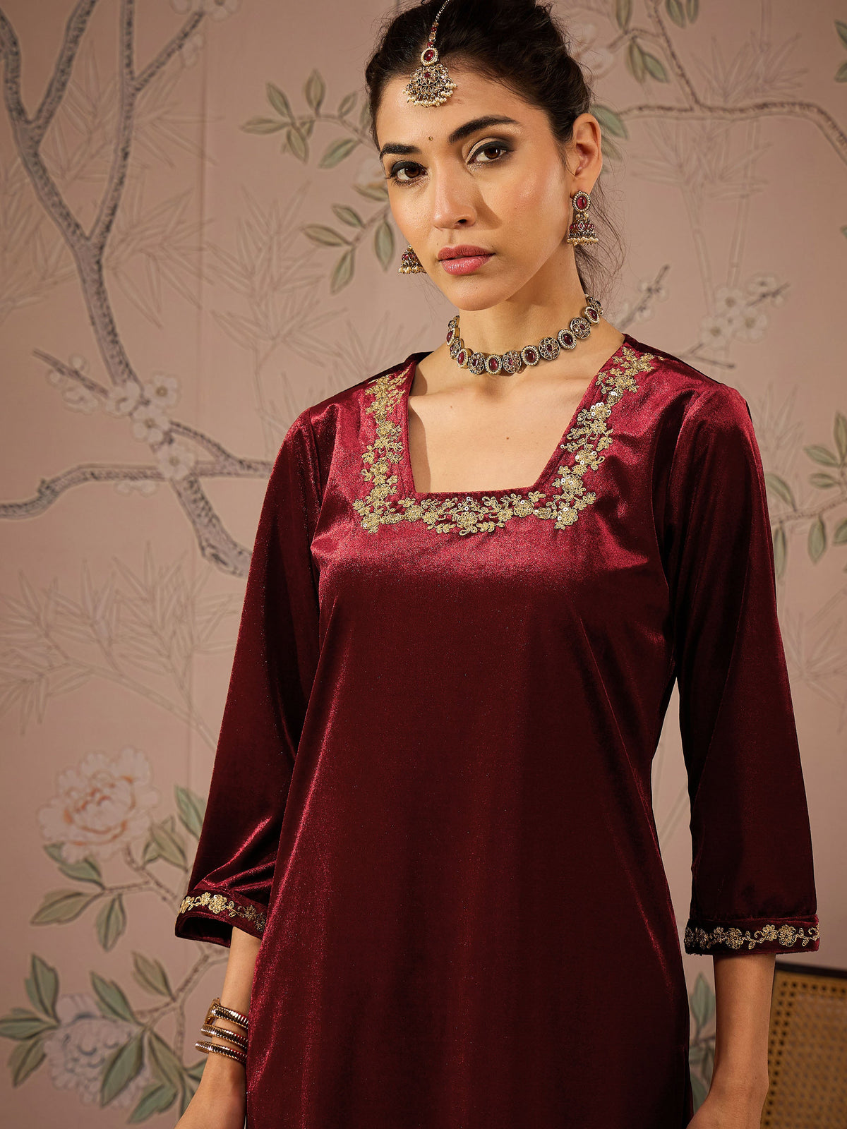 Maroon Velvet Glass Neck Front Embroidered Kurta -Shae by SASSAFRAS