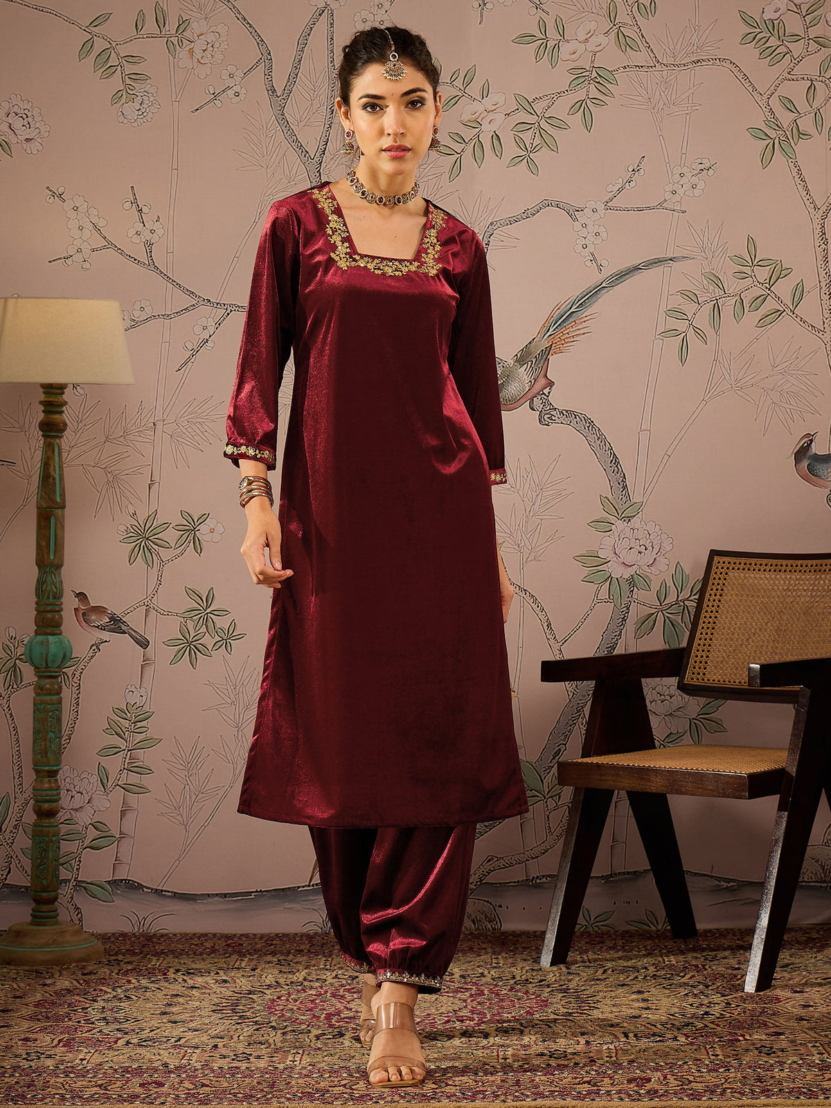 Maroon Velvet Glass Neck Front Embroidered Kurta -Shae by SASSAFRAS