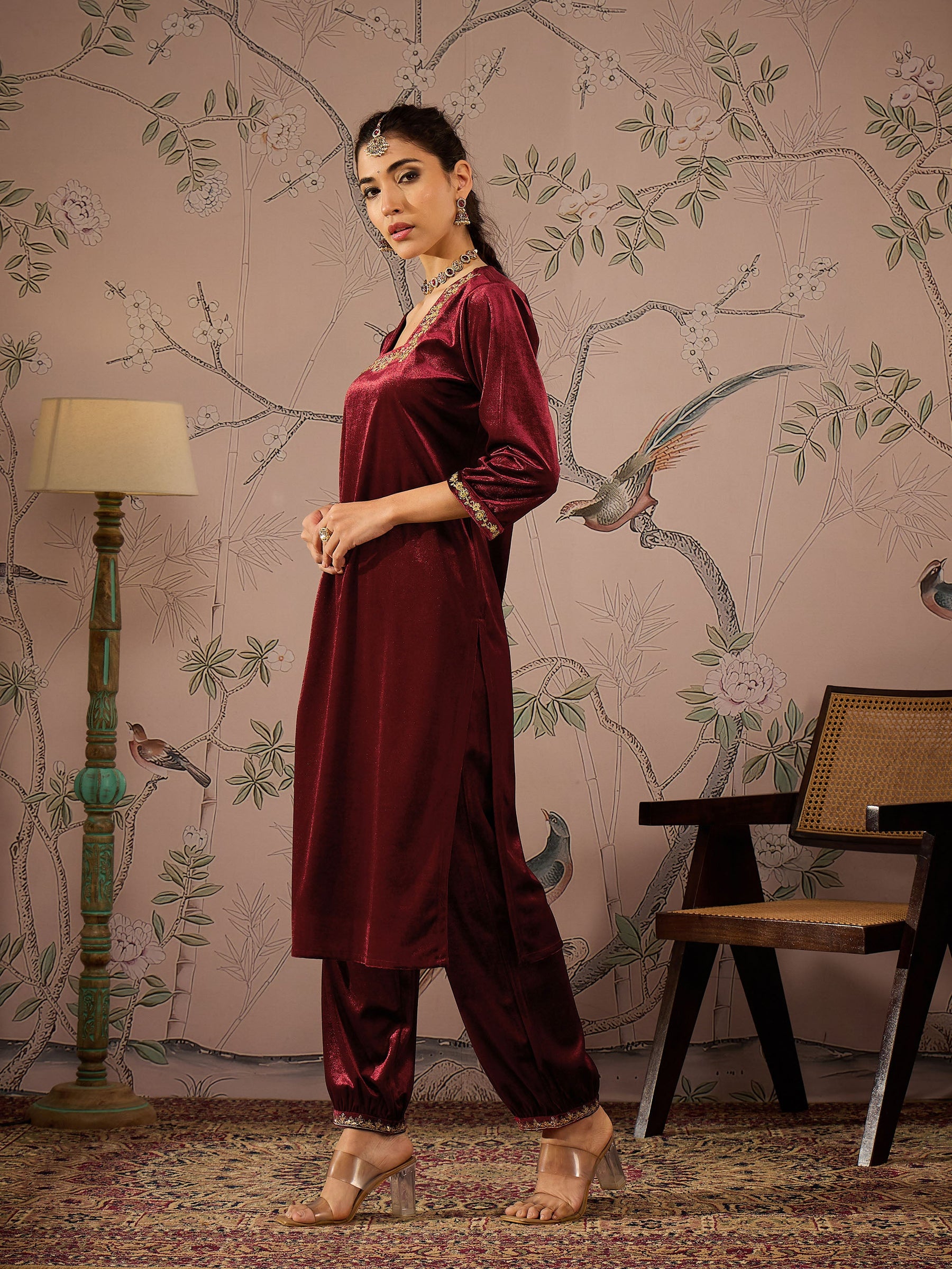 Maroon Velvet Glass Neck Front Embroidered Kurta -Shae by SASSAFRAS