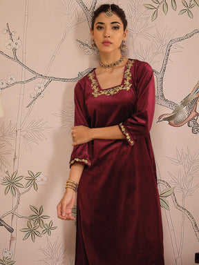 Maroon Velvet Glass Neck Front Embroidered Kurta -Shae by SASSAFRAS