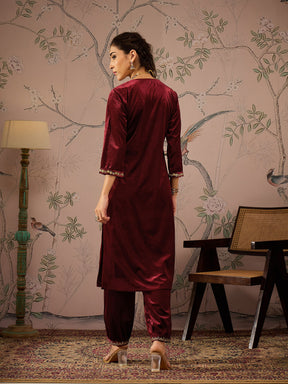 Maroon Velvet Glass Neck Front Embroidered Kurta -Shae by SASSAFRAS