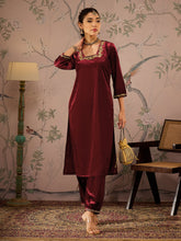 Maroon Velvet Embroidered Kurta With Afghani Pants -Shae by SASSAFRAS