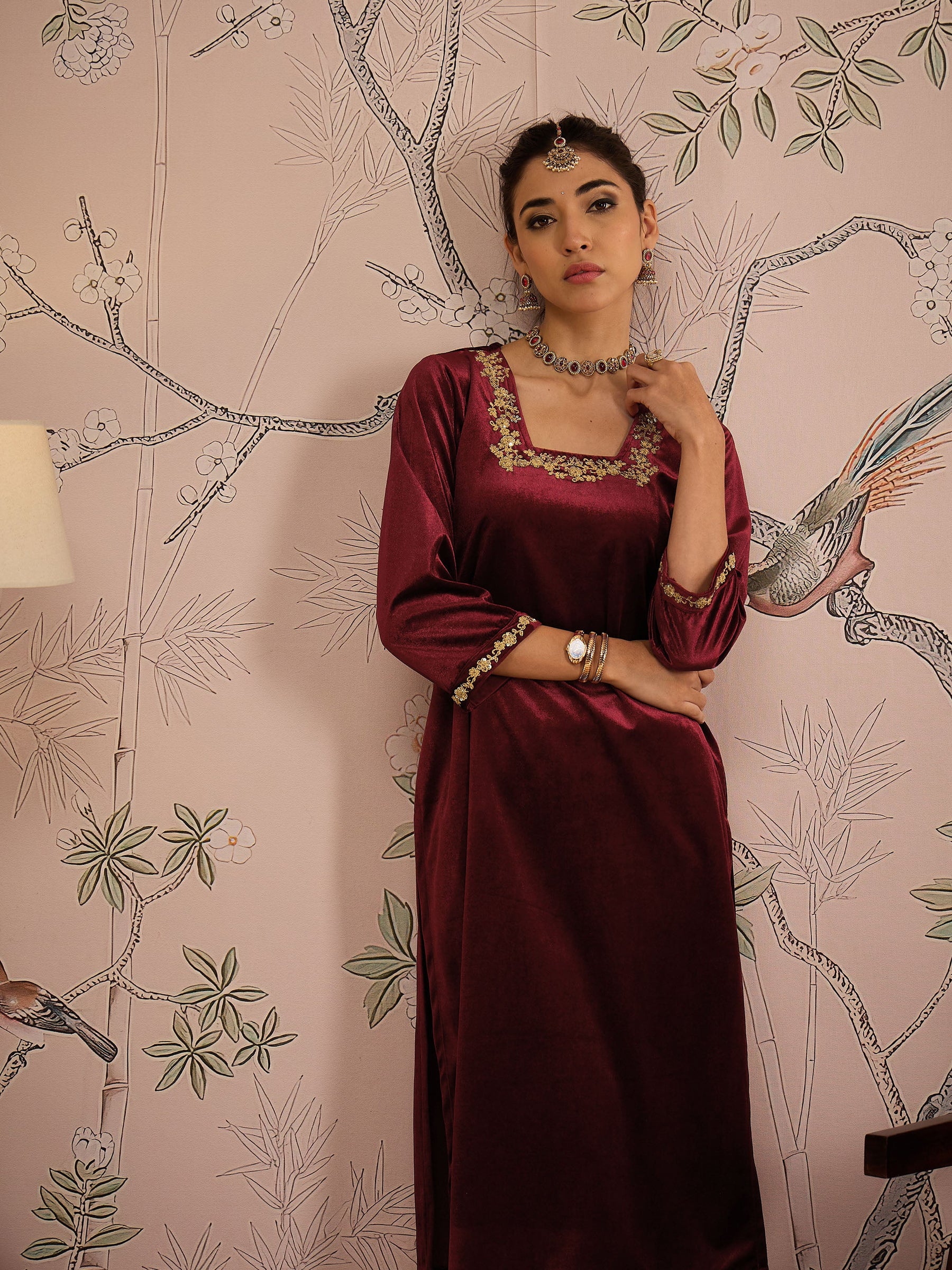 Maroon Velvet Embroidered Kurta With Afghani Pants -Shae by SASSAFRAS