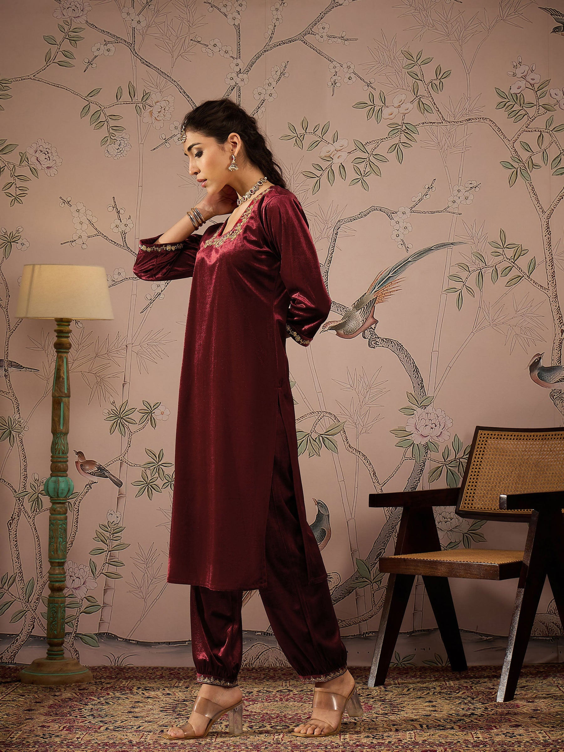 Maroon Velvet Embroidered Kurta With Afghani Pants -Shae by SASSAFRAS