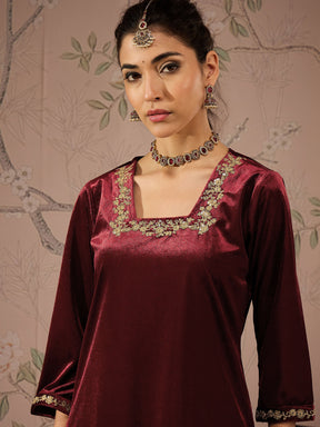 Maroon Velvet Embroidered Kurta With Afghani Pants -Shae by SASSAFRAS