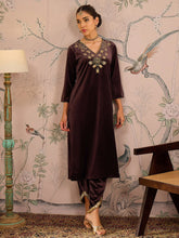 Brown Velvet V-Neck Front Embroidered Kurta-Shae by SASSAFRAS