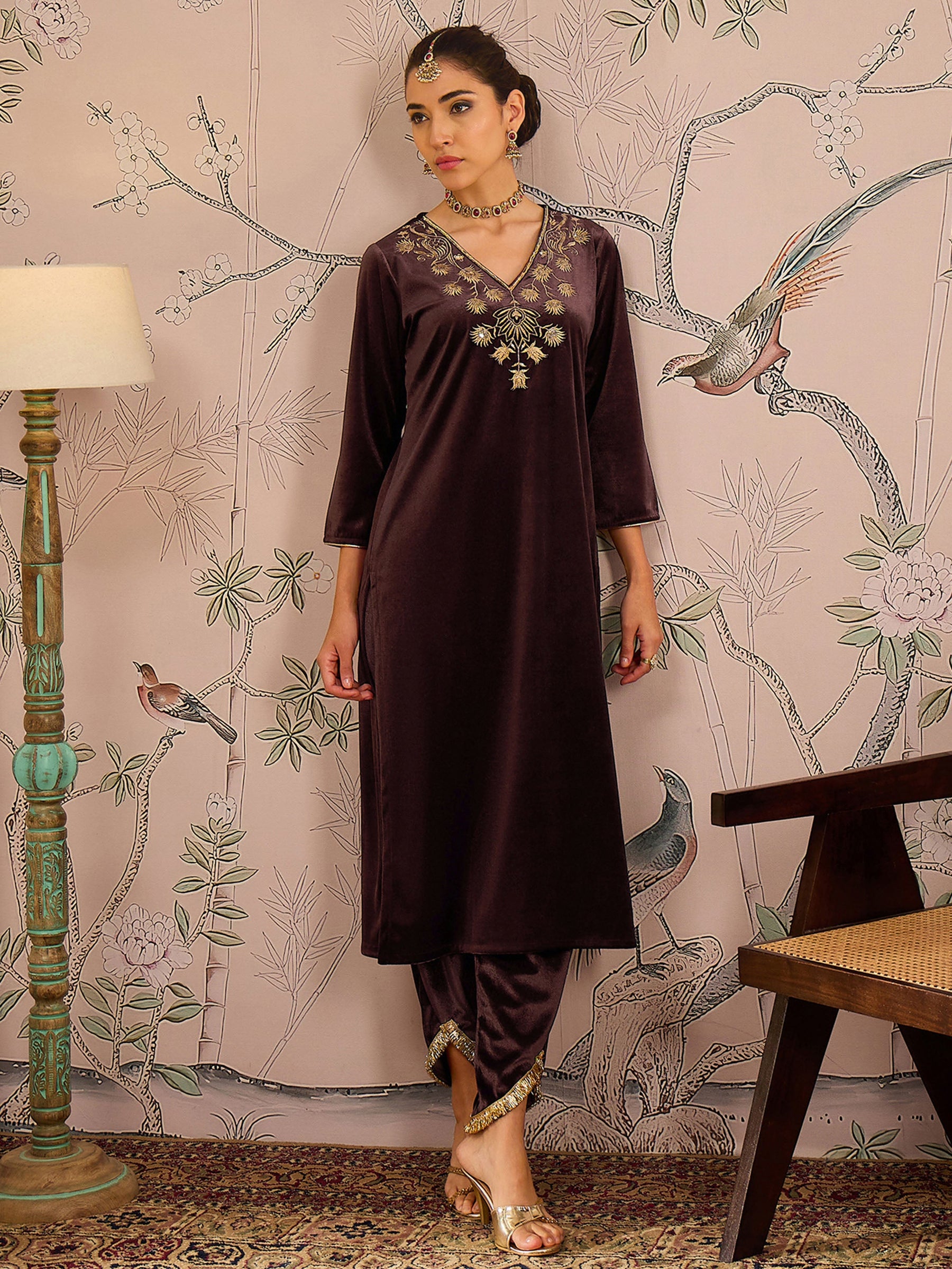 Brown Velvet V-Neck Front Embroidered Kurta-Shae by SASSAFRAS