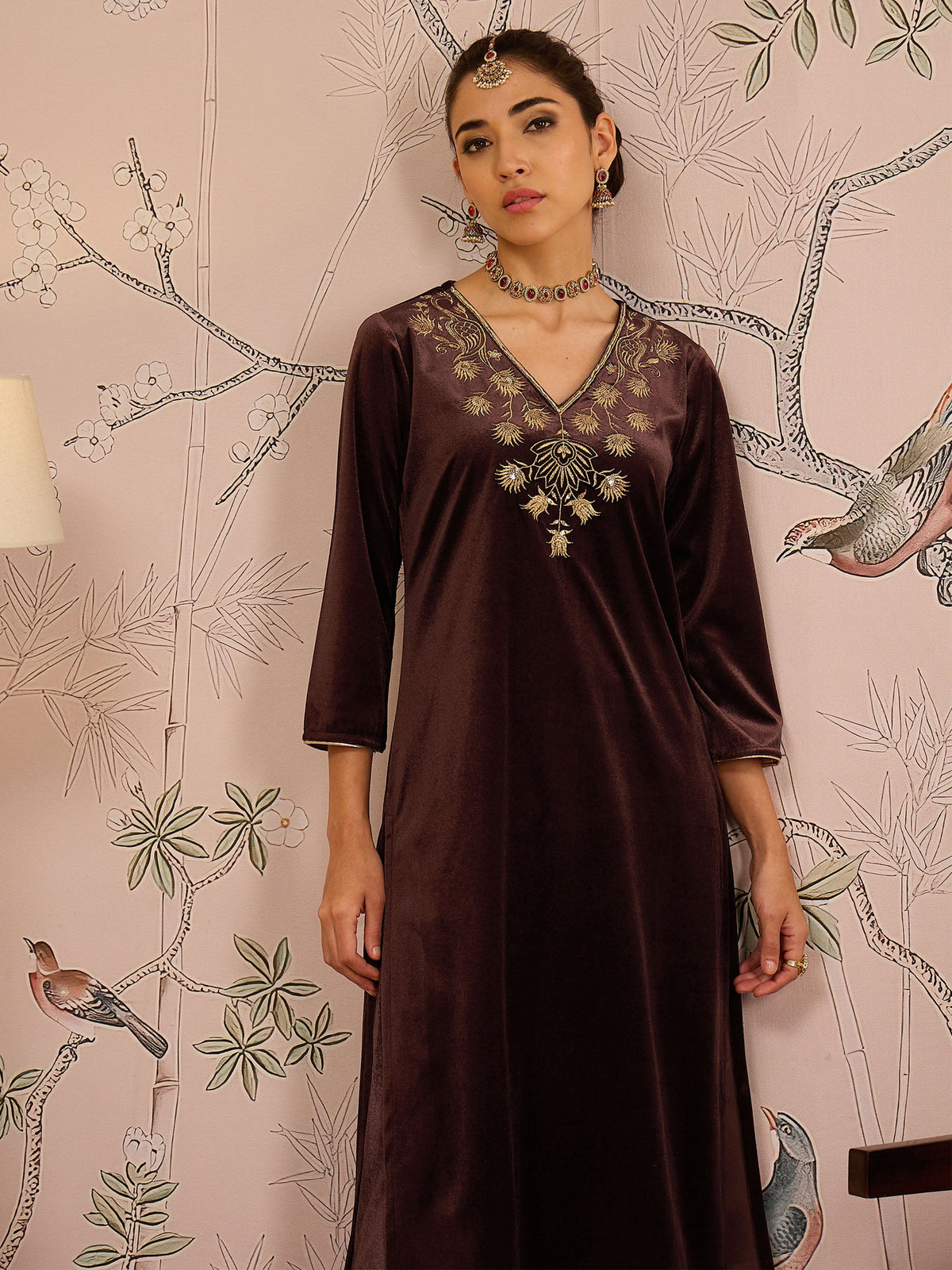 Brown Velvet V-Neck Front Embroidered Kurta-Shae by SASSAFRAS