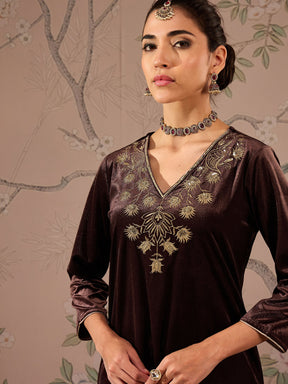 Brown Velvet V-Neck Front Embroidered Kurta-Shae by SASSAFRAS