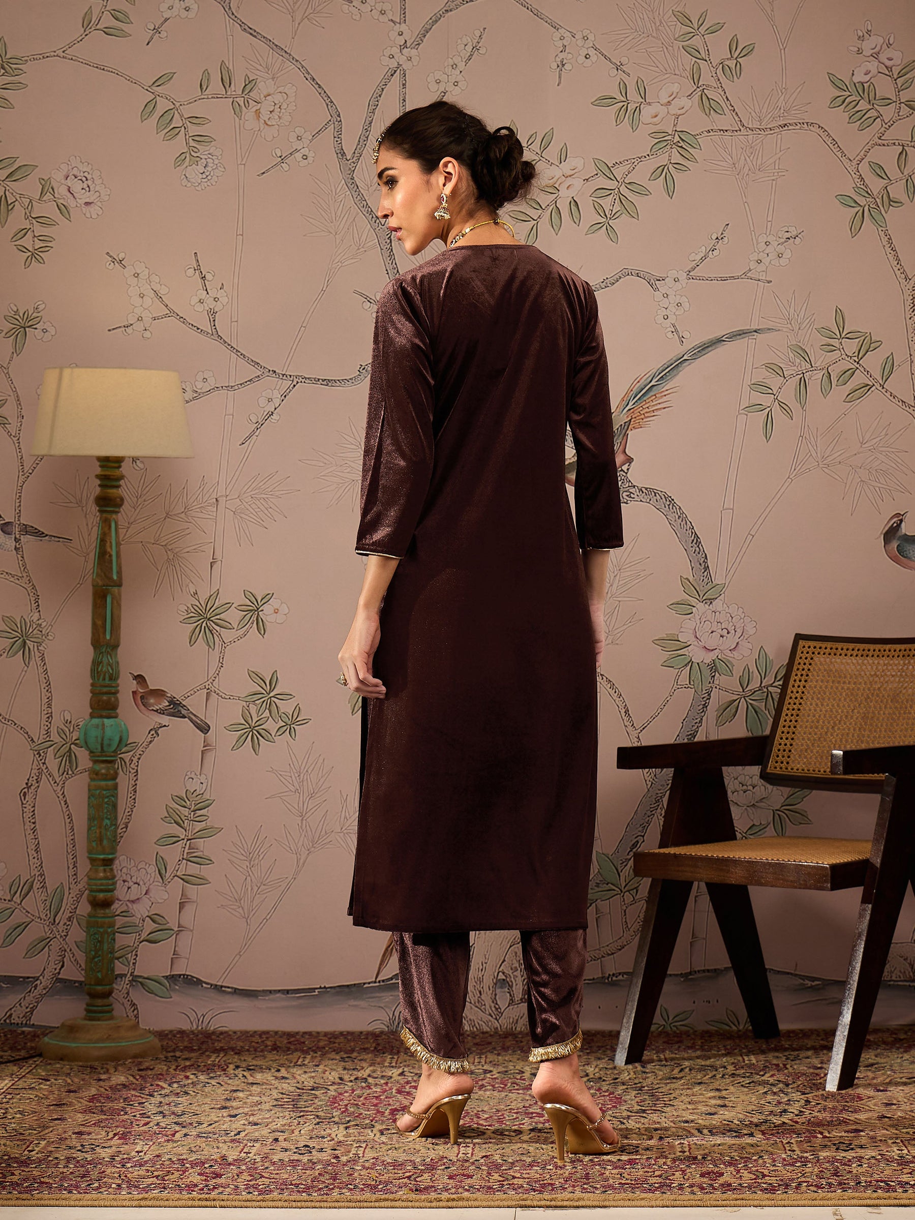 Brown Velvet V-Neck Front Embroidered Kurta-Shae by SASSAFRAS