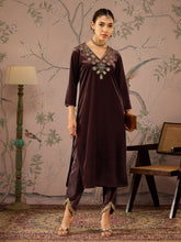 Brown Velvet V Neck Embroidered Kurta With Tulip Pants -Shae by SASSAFRAS