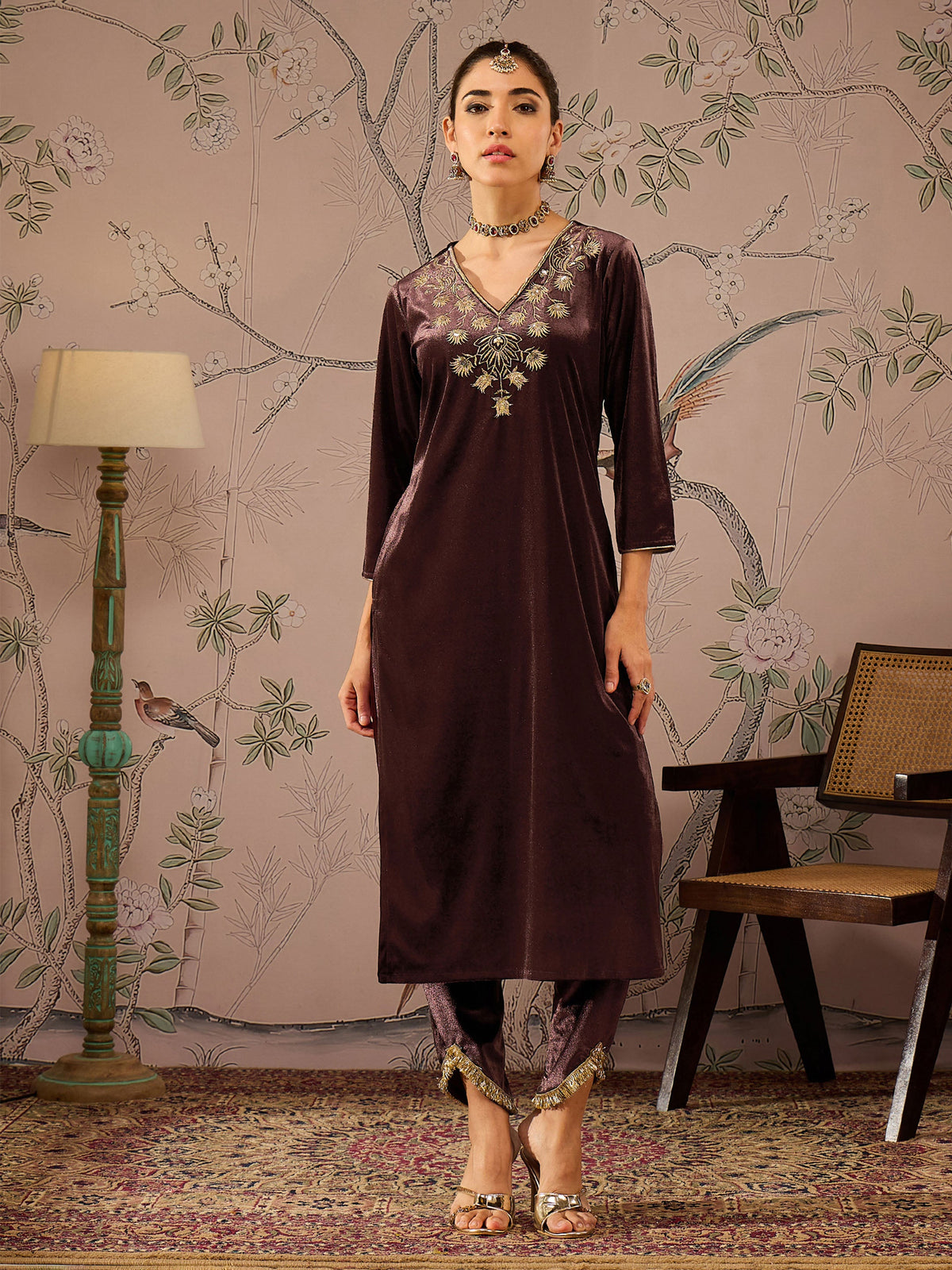 Brown Velvet V Neck Embroidered Kurta With Tulip Pants -Shae by SASSAFRAS