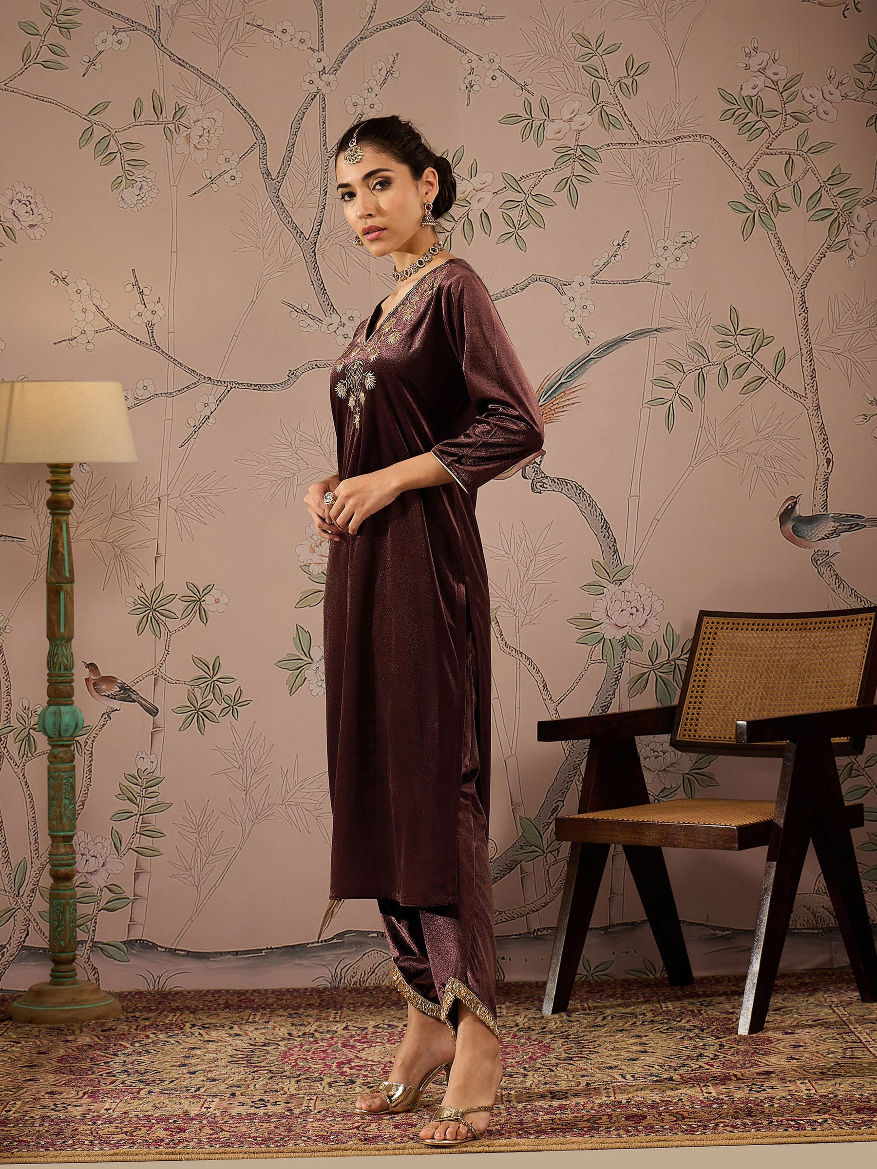 Brown Velvet V Neck Embroidered Kurta With Tulip Pants -Shae by SASSAFRAS