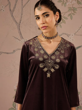 Brown Velvet V Neck Embroidered Kurta With Tulip Pants -Shae by SASSAFRAS