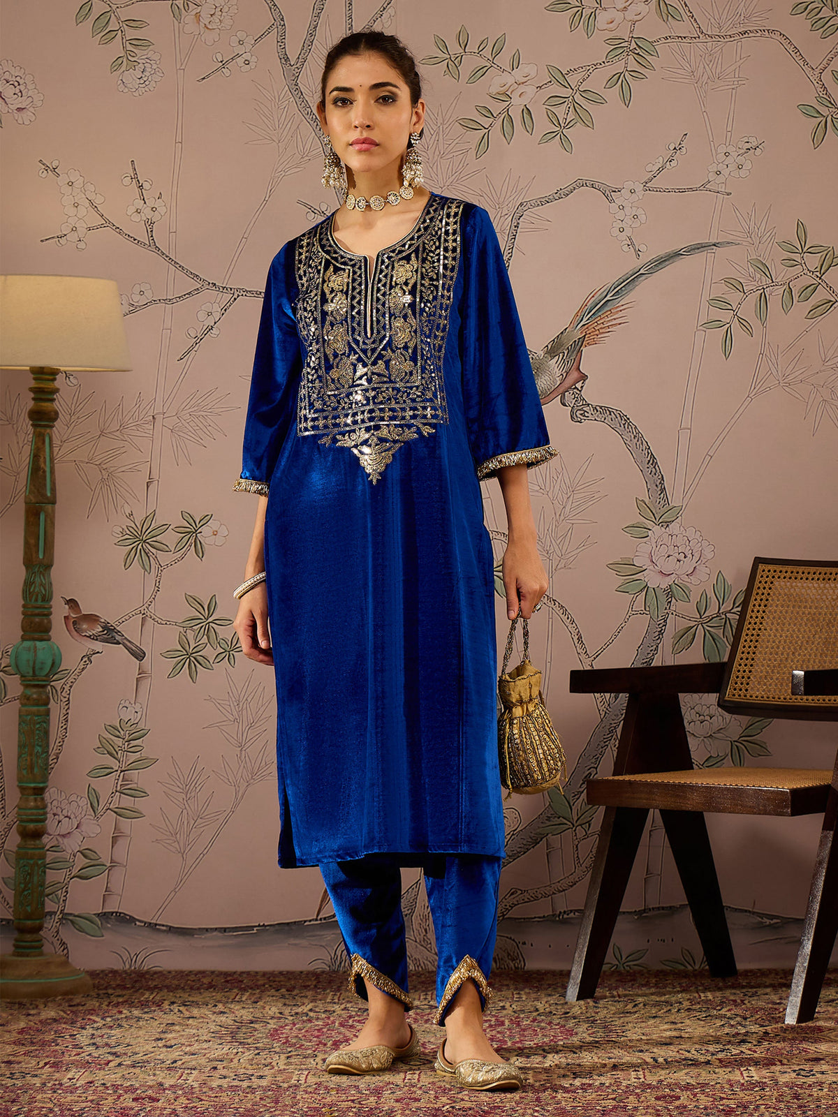 Royal Blue Velvet Embroidered Kurta With Tulip Pants-Shae by SASSAFRAS