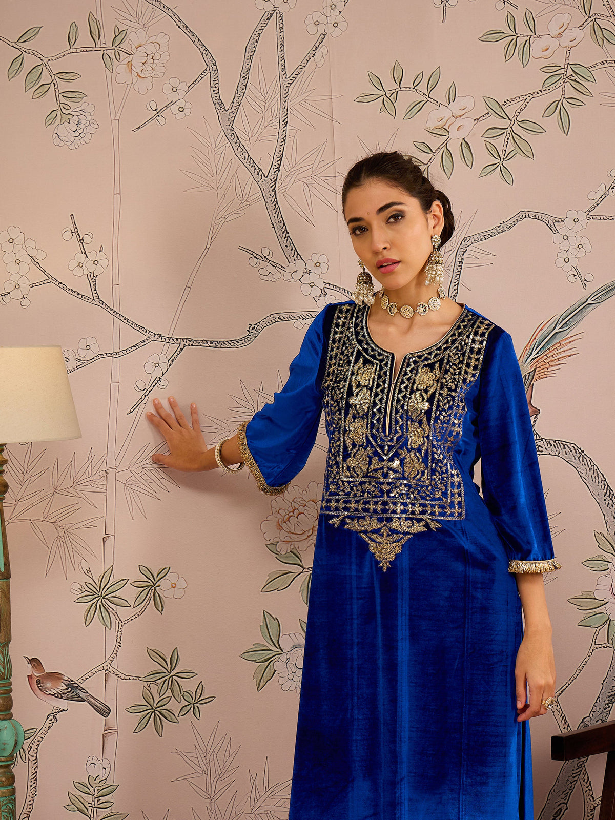 Royal Blue Velvet Embroidered Kurta With Tulip Pants-Shae by SASSAFRAS