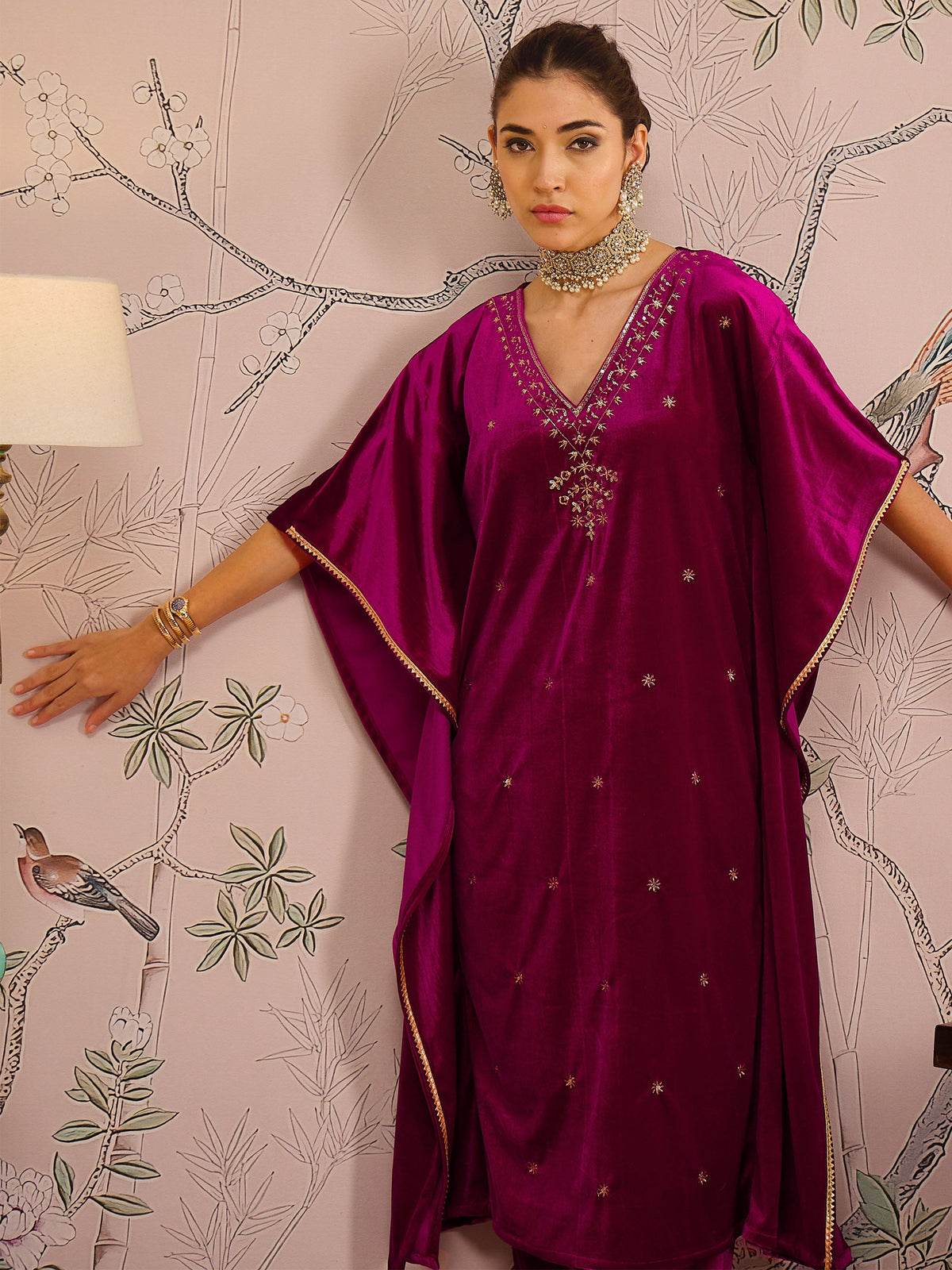 Fuchsia Velvet Front Embroidered Kaftan Kurta-Shae by SASSAFRAS