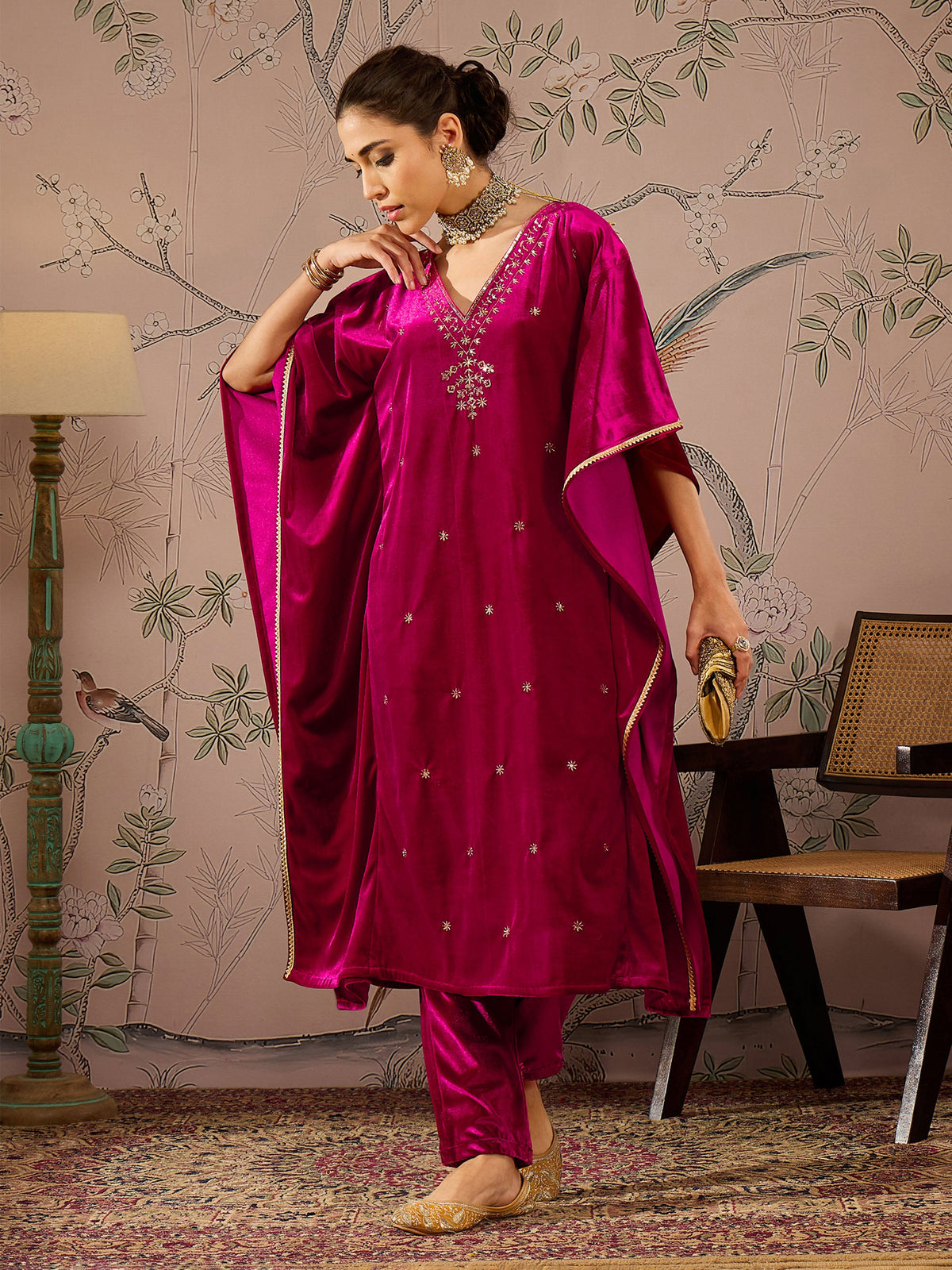 Fuchsia Velvet Embroidered Kaftan Kurta With Straight Pants -Shae by SASSAFRAS