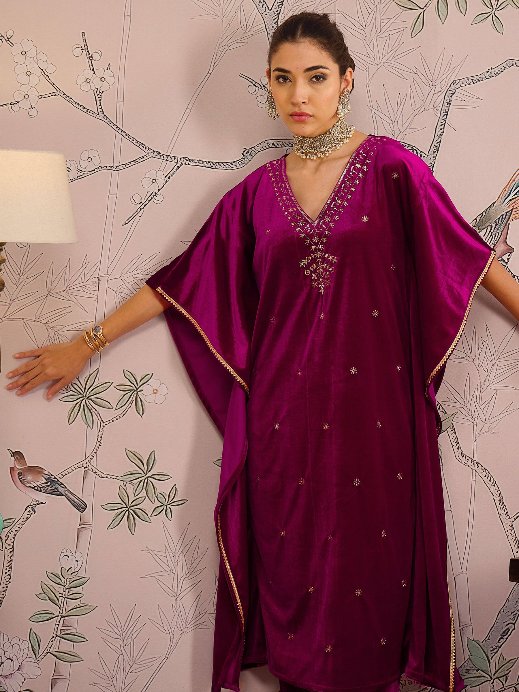 Fuchsia Velvet Embroidered Kaftan Kurta With Straight Pants -Shae by SASSAFRAS