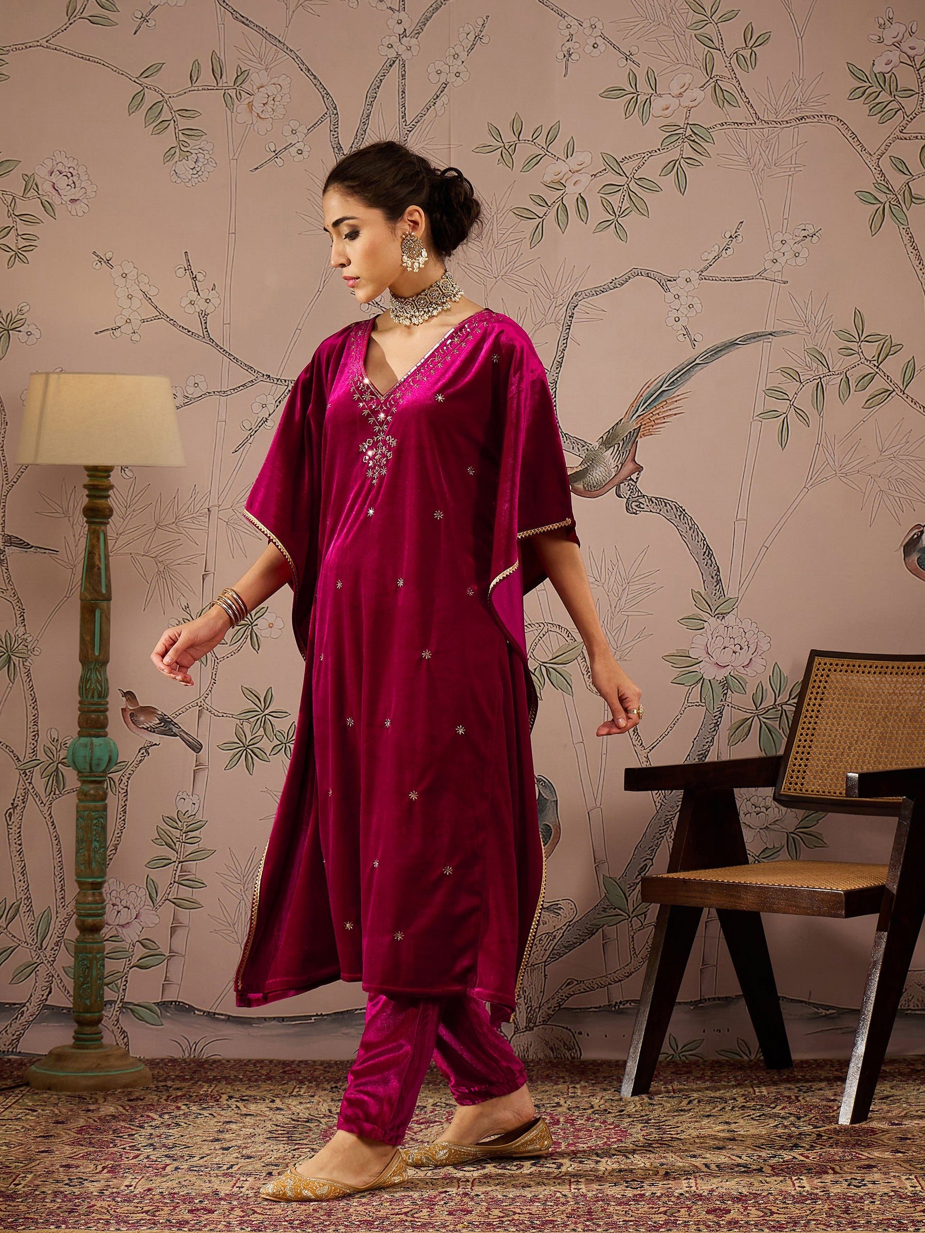 Fuchsia Velvet Embroidered Kaftan Kurta With Straight Pants -Shae by SASSAFRAS