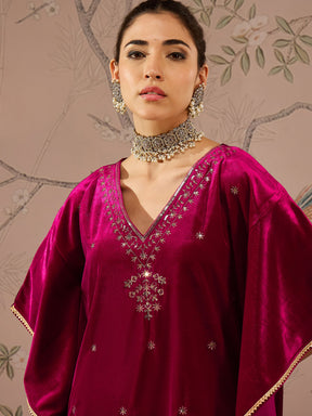 Fuchsia Velvet Embroidered Kaftan Kurta With Straight Pants -Shae by SASSAFRAS