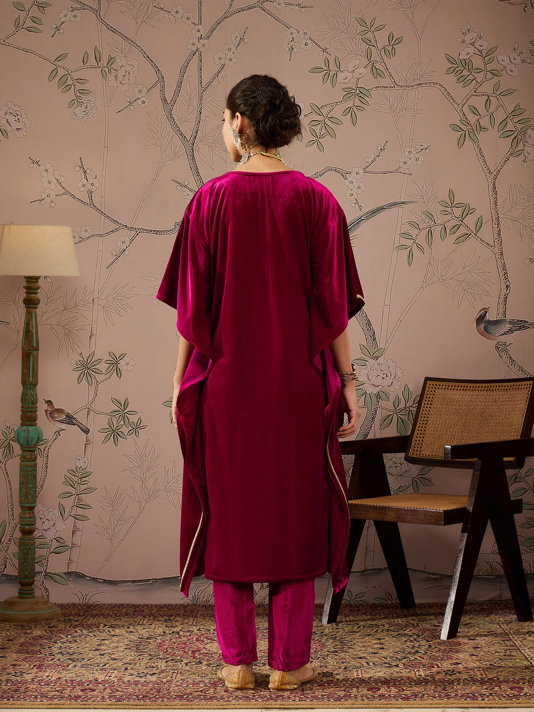 Fuchsia Velvet Embroidered Kaftan Kurta With Straight Pants -Shae by SASSAFRAS