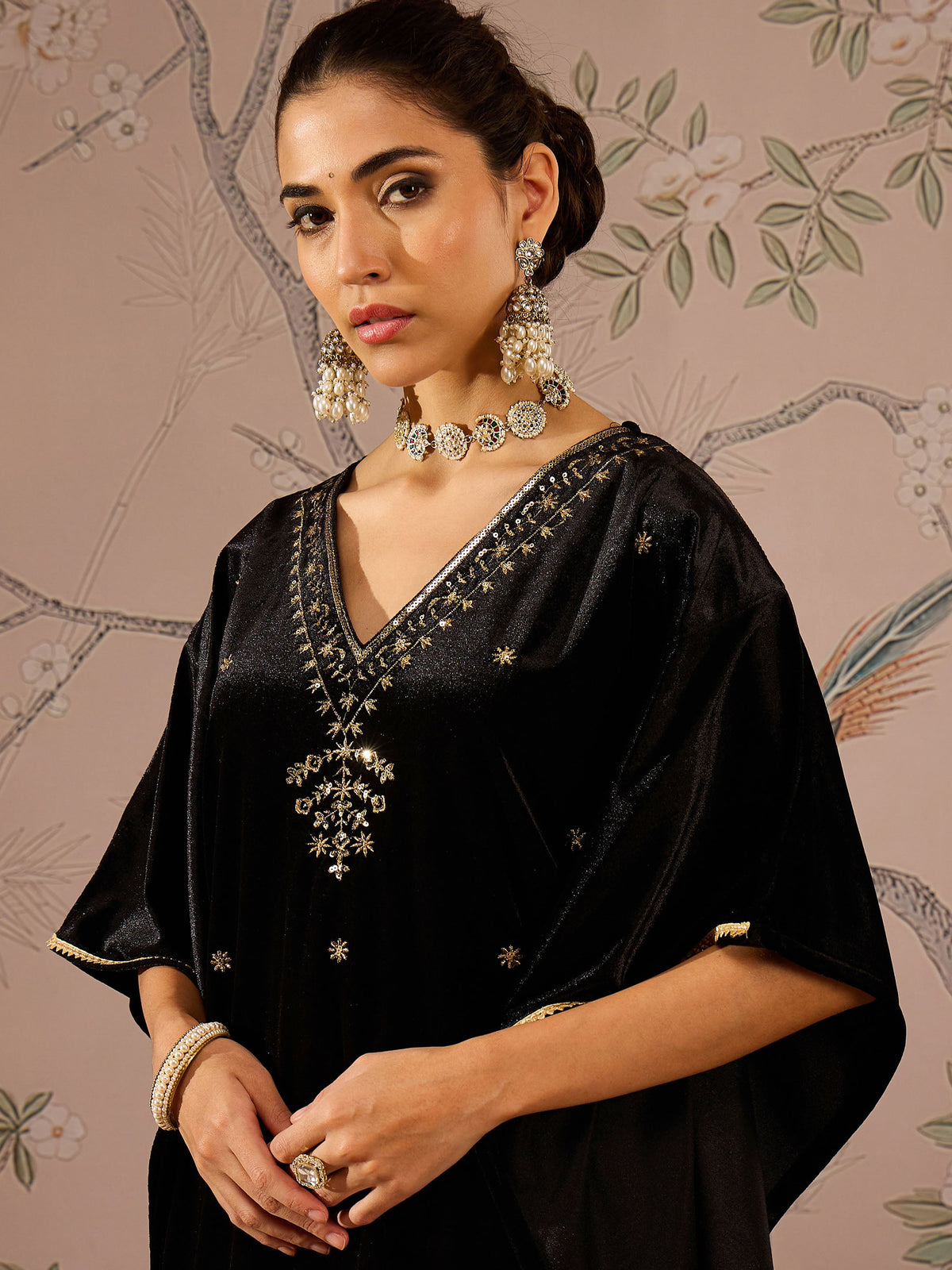 Black Velvet Front Embroidered Kaftan Kurta-Shae by SASSAFRAS