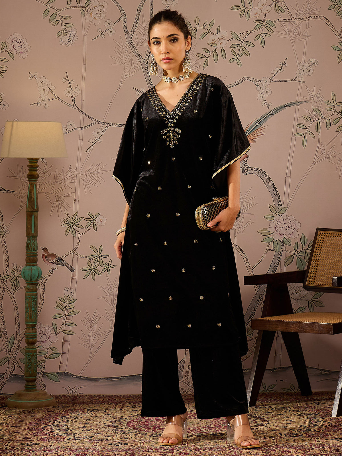 Black Velvet Front Embroidered Kaftan Kurta-Shae by SASSAFRAS