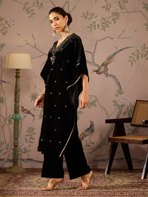 Black Velvet Front Embroidered Kaftan Kurta-Shae by SASSAFRAS