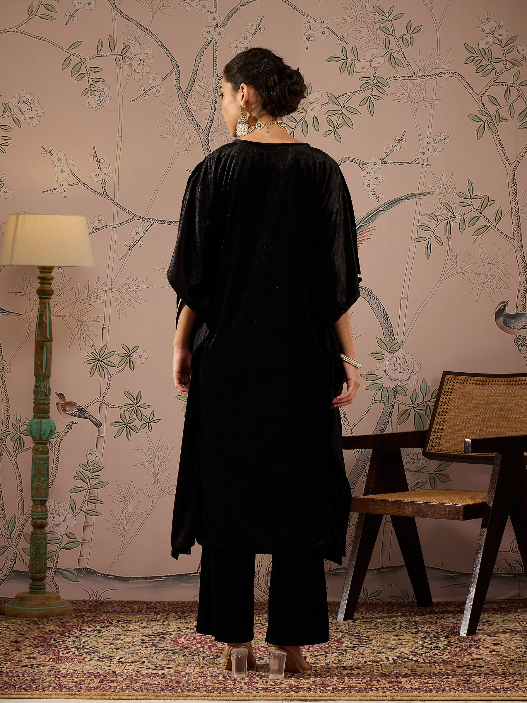 Black Velvet Front Embroidered Kaftan Kurta-Shae by SASSAFRAS